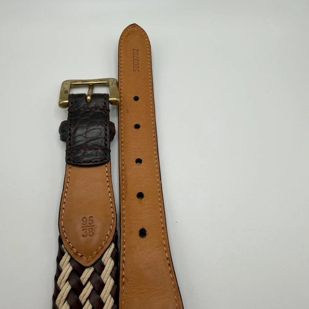 Mens‎ Woven Braided Leather Belt Brown Cream Crocodile Embossed Size 38
